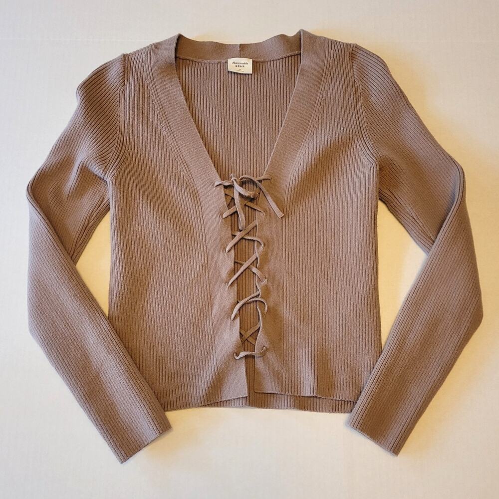 Abercrombie Tan Lace Up Sweater Size S Ribbed Knit Coquette Balletcore Y2K